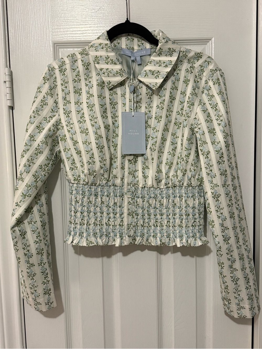 NWT - Hill House Cream and Green Floral Smocked Brocade Hunter Jacket